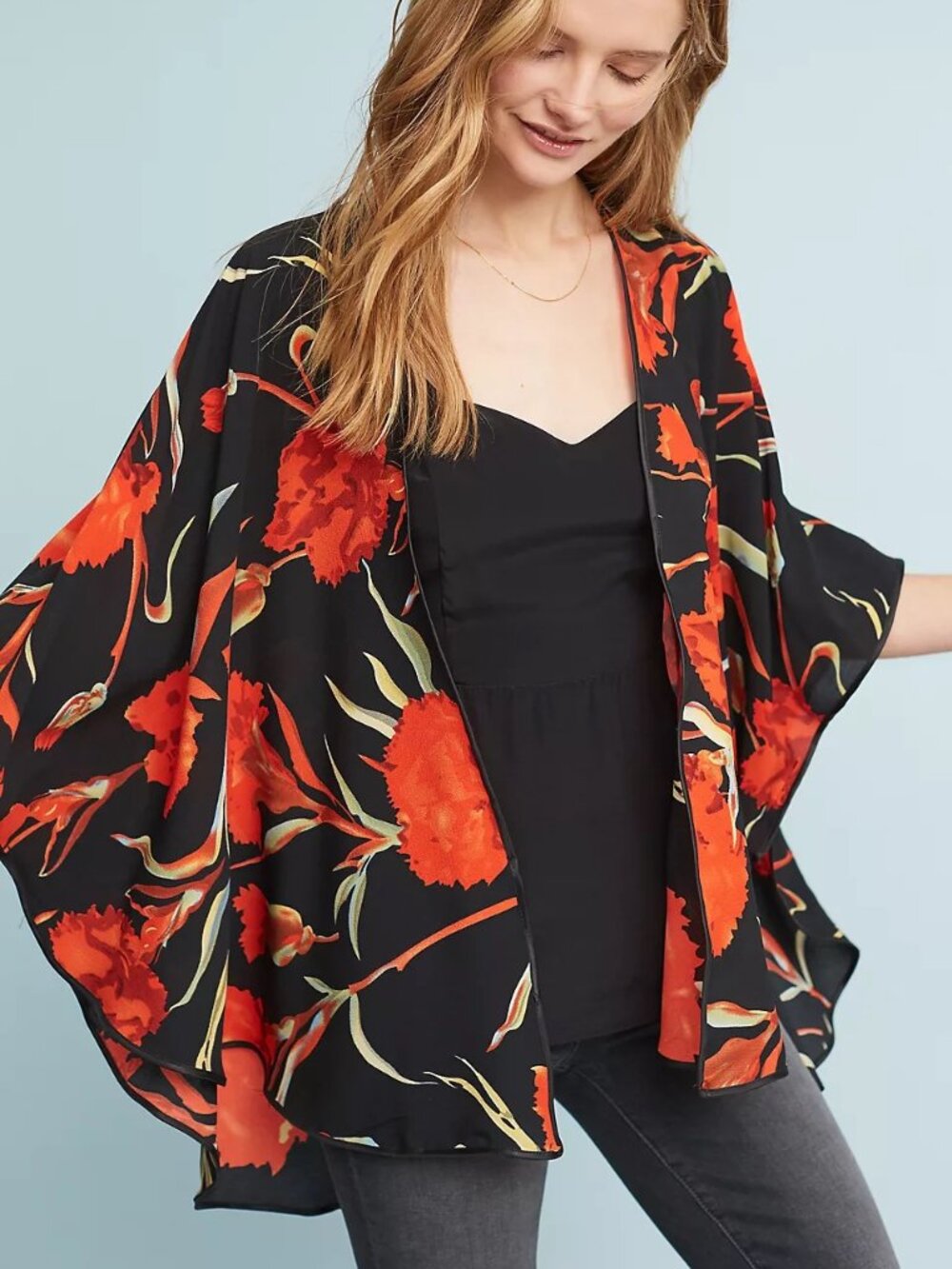 EUC Anthropologie Caris Printed Red & Black Floral Kimono, Size ALL